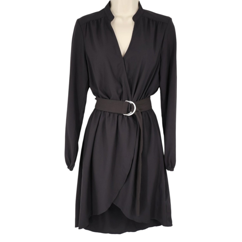 JustFab Black Faux Wrap Belted Long Sleeve Mini‎ Dress Size S NWOT